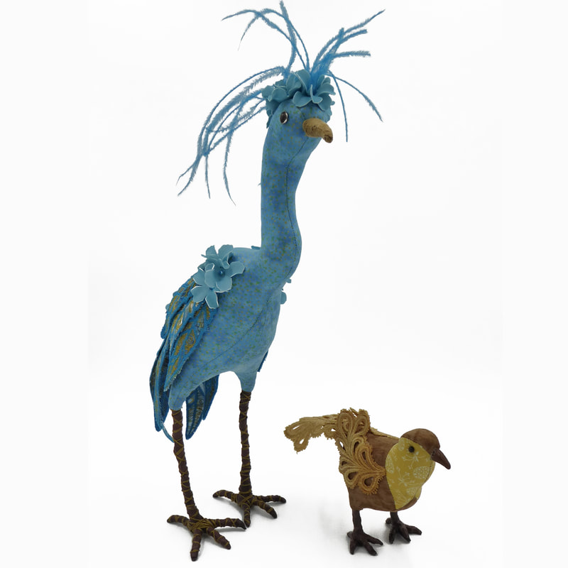 Blue bird textile art sculpture Bleu by Linda Fjeldsted Blust