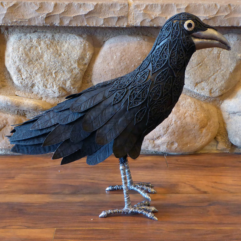 Raven textile art bird sculpture Cormac by Linda Fjeldsted Blust