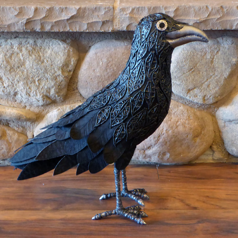 Raven textile art bird sculpture Elvira by Linda Fjeldsted Blust