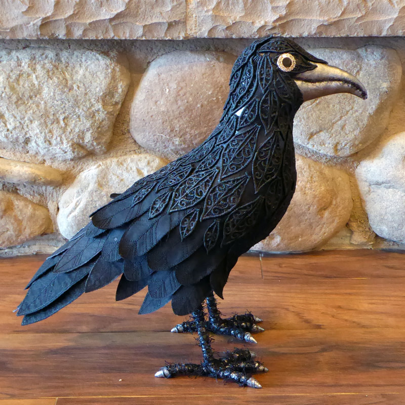 Raven textile art bird sculpture Rasputin by Linda Fjeldsted Blust