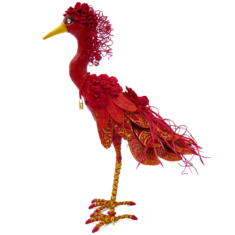 Heron textile art bird sculpture Scarlett O'Heron by Linda Fjeldsted Blust