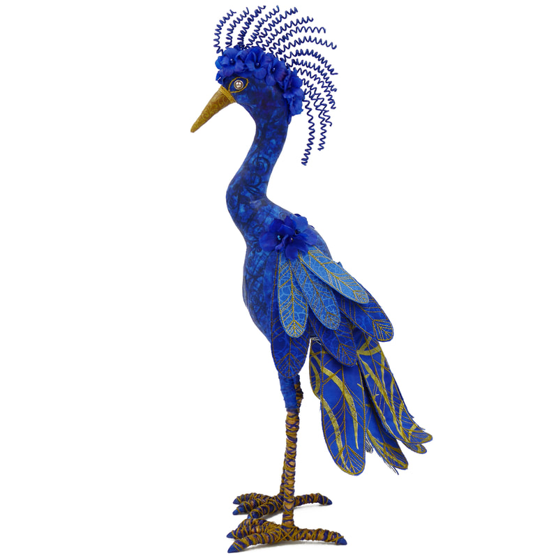 Heron textile art bird sculpture Cyrano by Linda Fjeldsted Blust