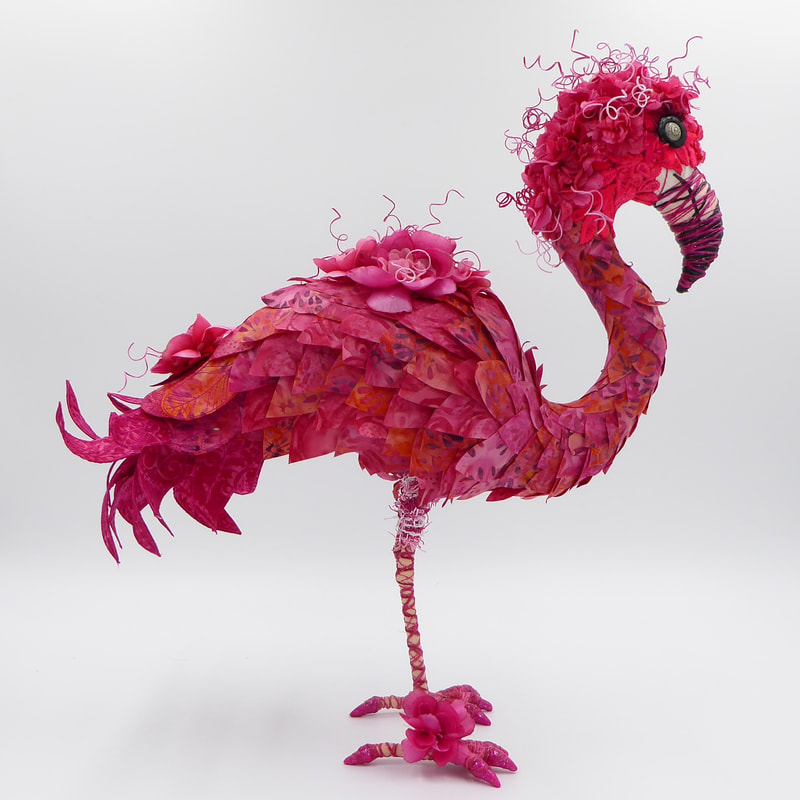 Flamingo textile art bird sculpture Cora by Linda Fjeldsted Blust