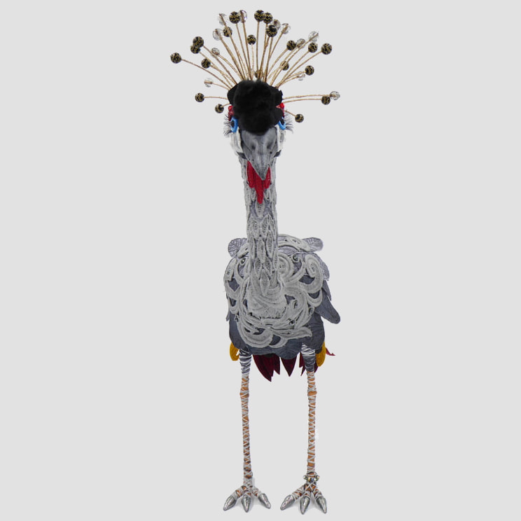 Ashley, an African Grey Crowned Crane textile sculpture by Linda Blust