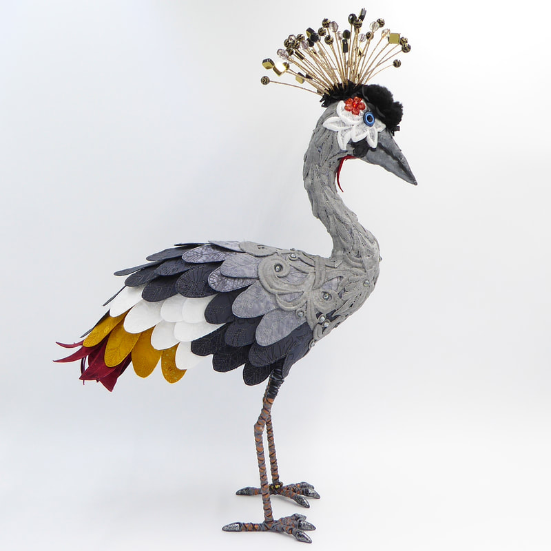 Grey Crowned Crane textile art bird sculpture Ashley