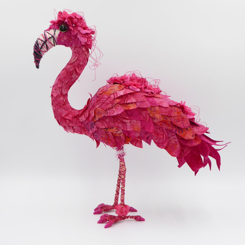 Flamingo textile art bird sculpture Flossie by Linda Fjeldsted Blust
