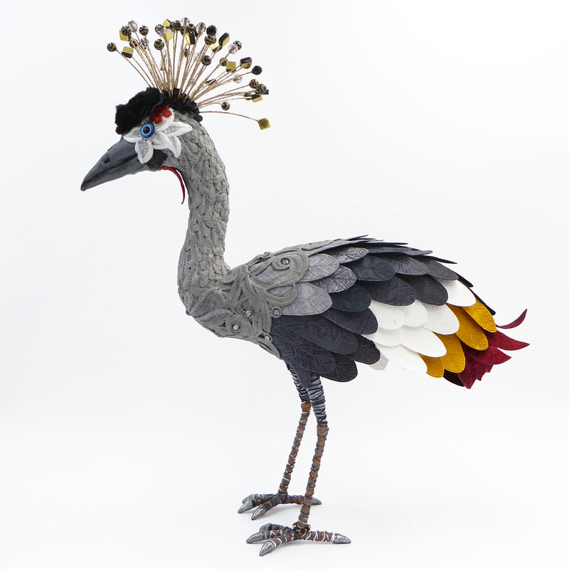 Grey crowned crane textile art bird sculpture Grayson