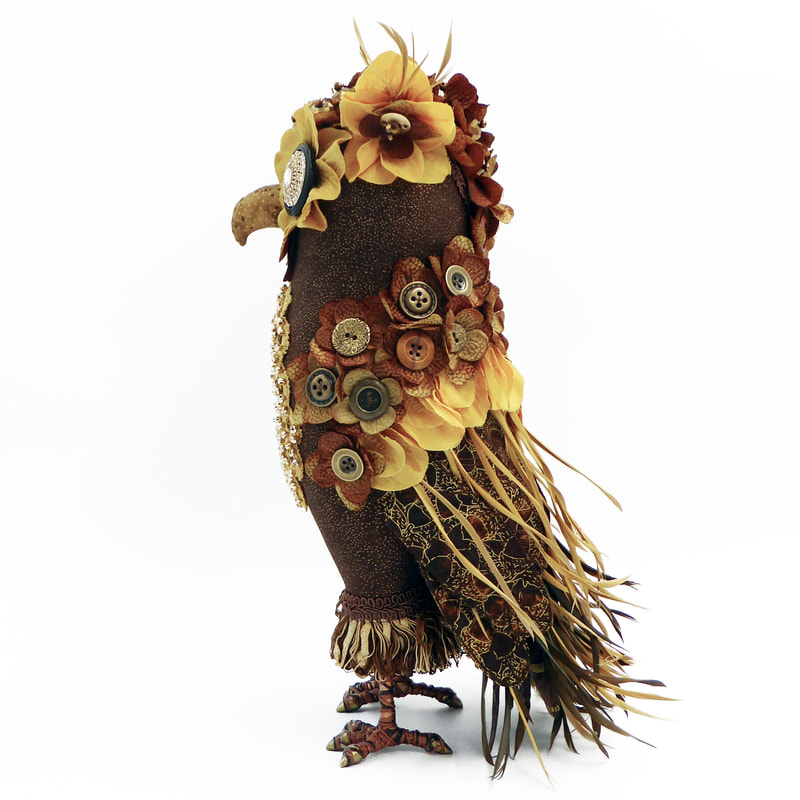 Owl textile art bird sculpture brown gold Hershey