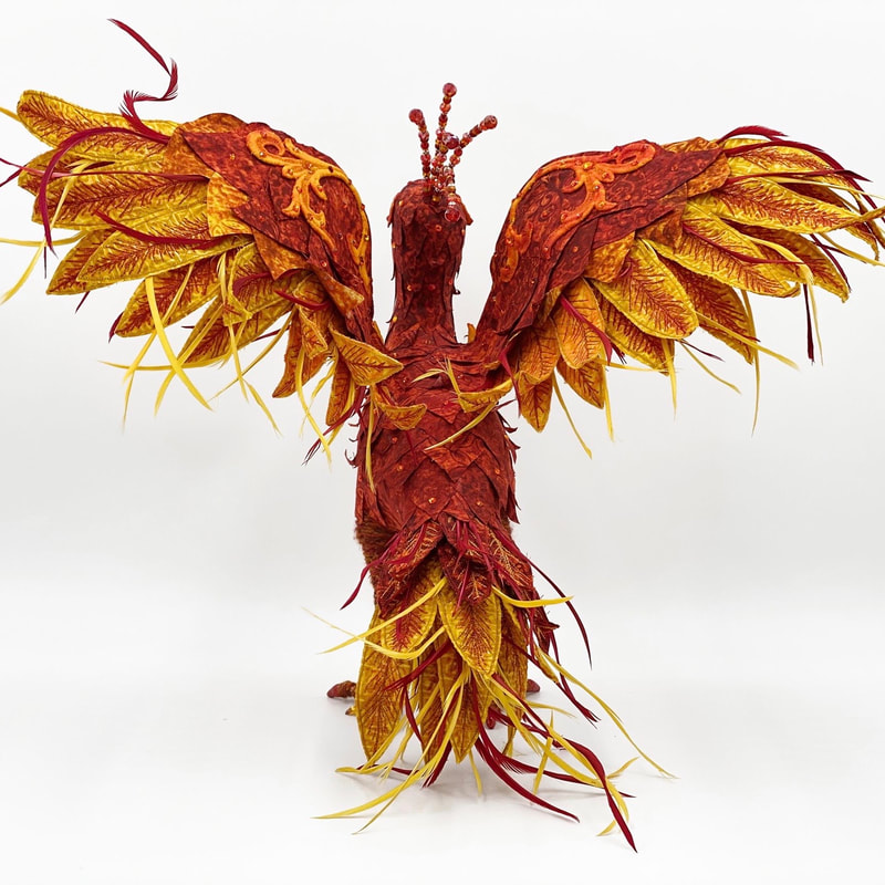 Reemergence, a textile art phoenix sculpture rear view
