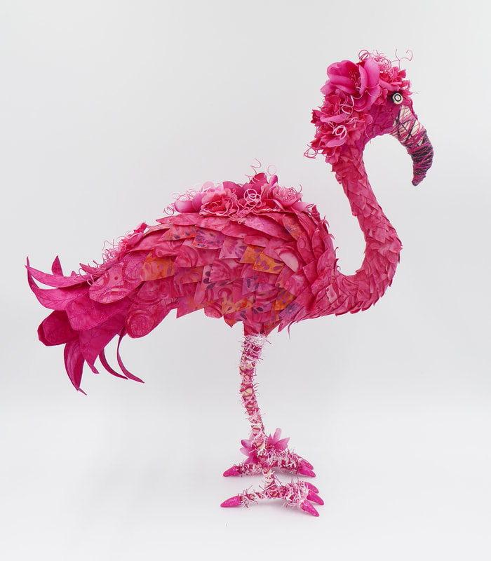 Flamingo textile art bird sculpture Peaches by Linda Fjeldsted Blust