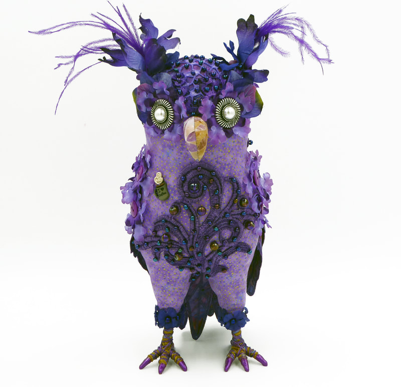 Purple owl textile art bird sculpture Owlivia by Linda Fjeldsted Blust