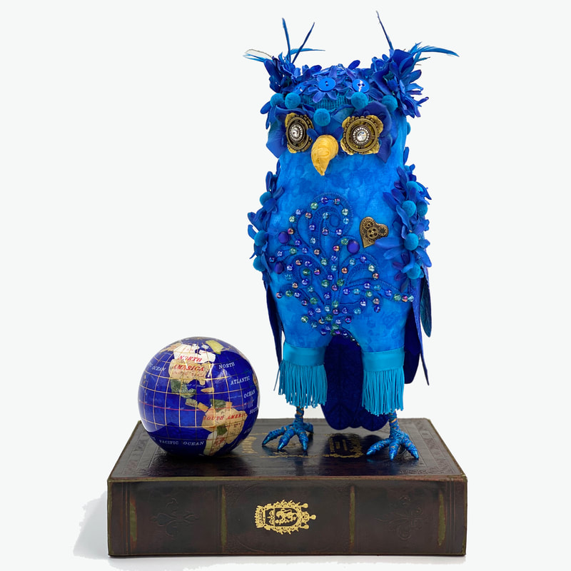 Blue owl textile art bird sculpture Bubbles