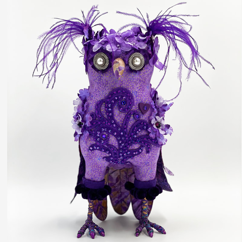 Purple owl textile art bird sculpture Iris