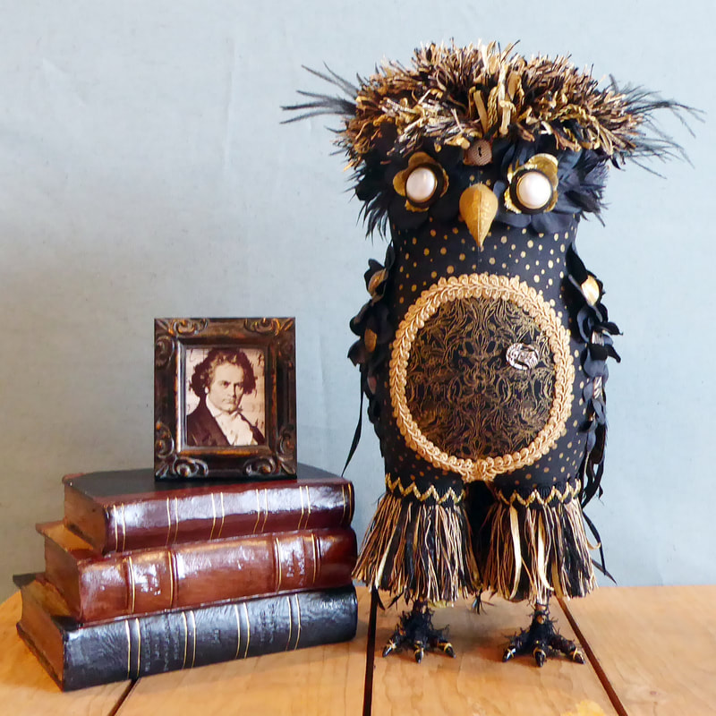 Owl textile art sculpture black gold