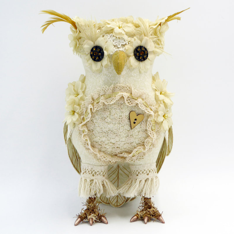 White Owl textile art bird sculpture Pearl