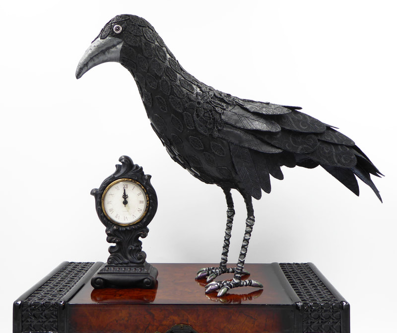 Raven textile art bird sculpture Poe