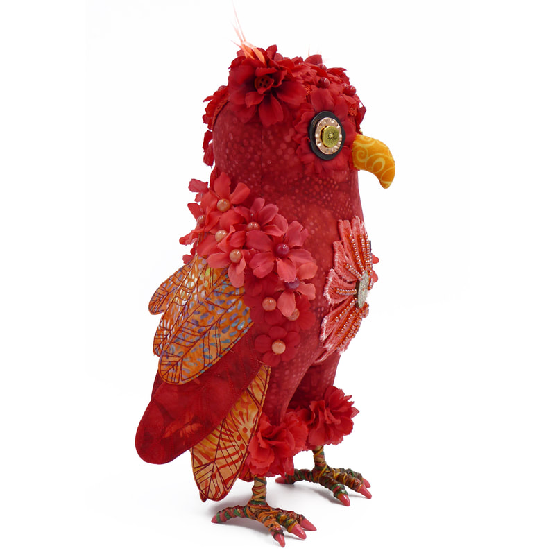 Red owl textile art bird sculpture Poppy